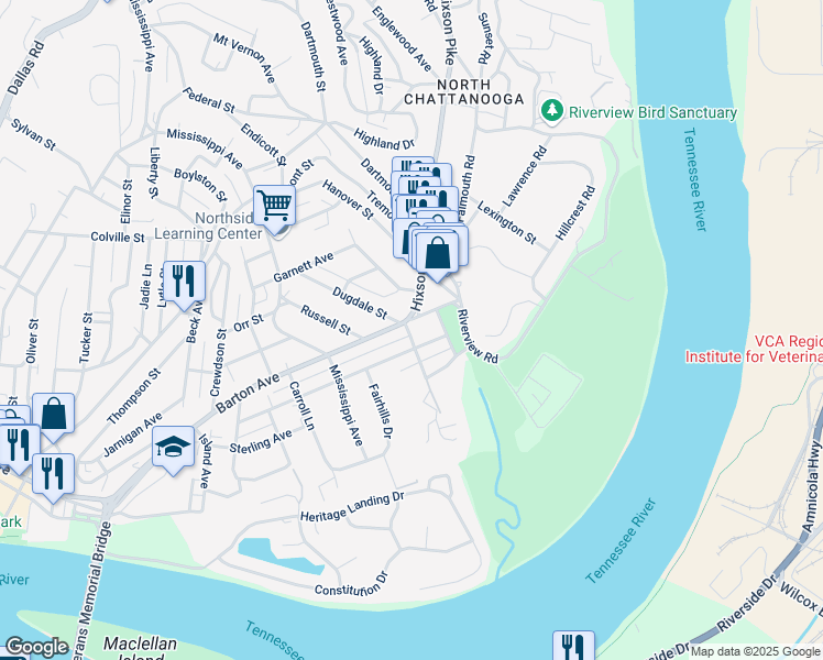 map of restaurants, bars, coffee shops, grocery stores, and more near 901 Hixson Pike in Chattanooga