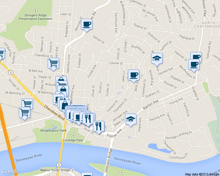 map of restaurants, bars, coffee shops, grocery stores, and more near 517 Colby Street in Chattanooga