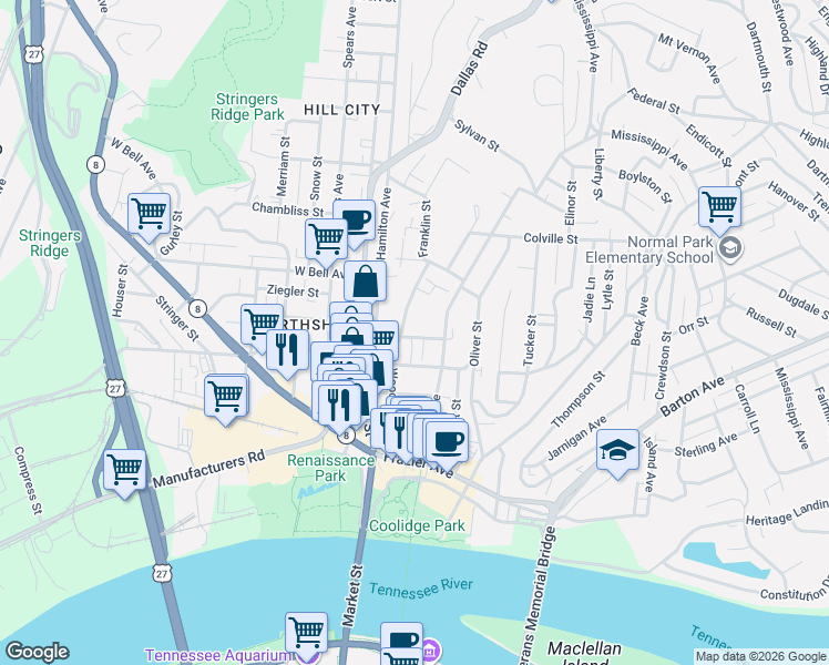 map of restaurants, bars, coffee shops, grocery stores, and more near 512 Woodland Avenue in Chattanooga
