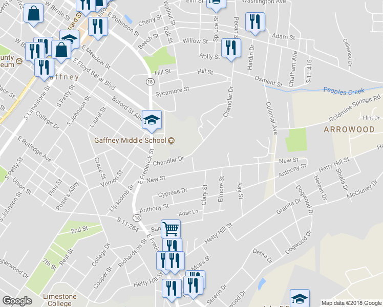 map of restaurants, bars, coffee shops, grocery stores, and more near 205 Chandler Drive in Gaffney