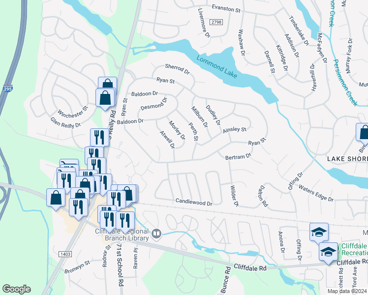 map of restaurants, bars, coffee shops, grocery stores, and more near 425 Morley Drive in Fayetteville