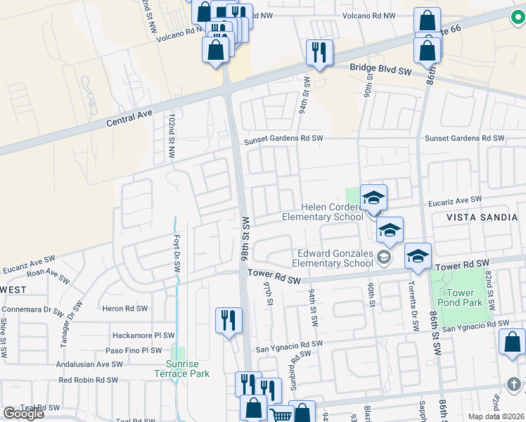 map of restaurants, bars, coffee shops, grocery stores, and more near 472 Ridge Stone Drive Southwest in Albuquerque