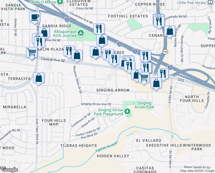 map of restaurants, bars, coffee shops, grocery stores, and more near 12837 Dorado Drive Southeast in Albuquerque