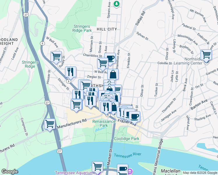 map of restaurants, bars, coffee shops, grocery stores, and more near 501 North Market Street in Chattanooga