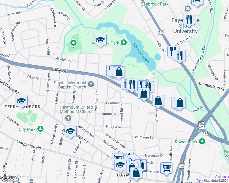 map of restaurants, bars, coffee shops, grocery stores, and more near 727 Kooler Circle in Fayetteville