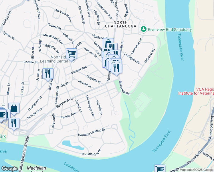 map of restaurants, bars, coffee shops, grocery stores, and more near 901 Hixson Pike in Chattanooga
