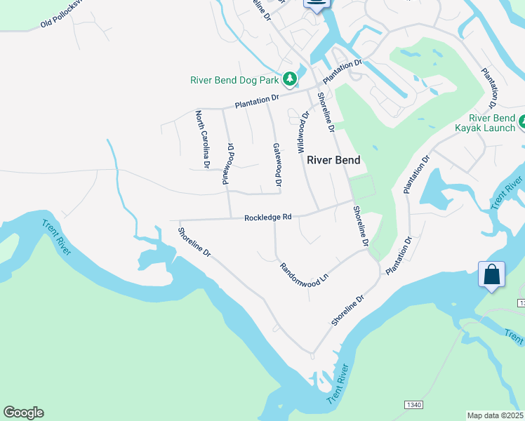 map of restaurants, bars, coffee shops, grocery stores, and more near 302 Rockledge Road in New Bern