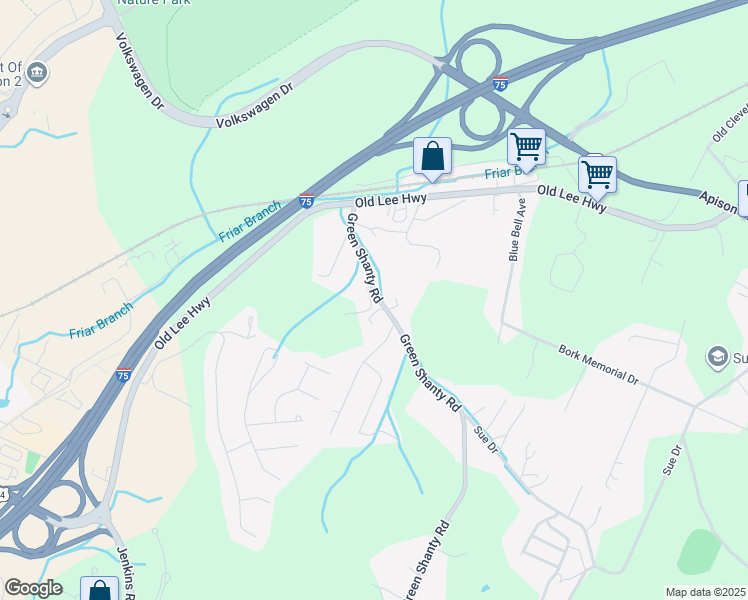 map of restaurants, bars, coffee shops, grocery stores, and more near 4802 Green Shanty Road in Ooltewah