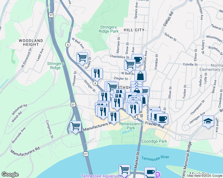 map of restaurants, bars, coffee shops, grocery stores, and more near 411 May Street in Chattanooga