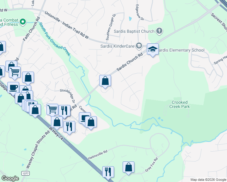 map of restaurants, bars, coffee shops, grocery stores, and more near 5515 Burning Ridge Drive in Monroe