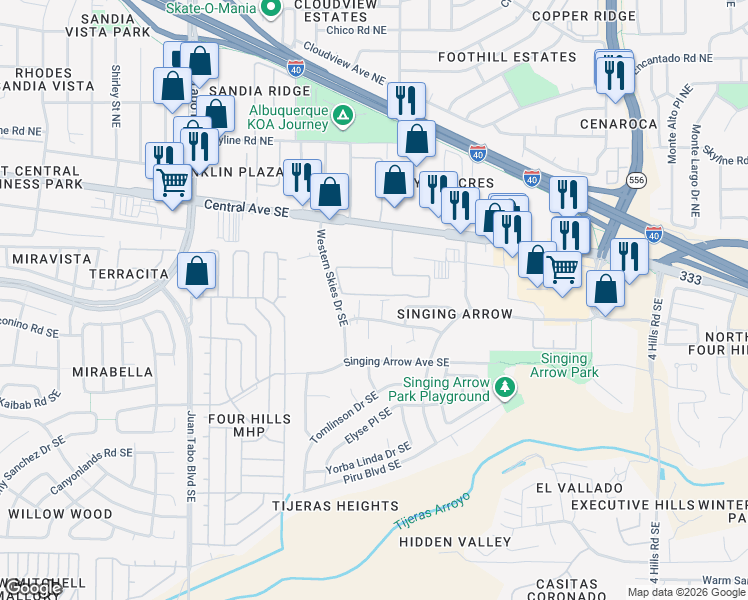 map of restaurants, bars, coffee shops, grocery stores, and more near 301 Whispering Sands Court Southeast in Albuquerque