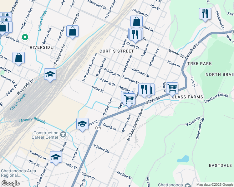 map of restaurants, bars, coffee shops, grocery stores, and more near 2510 Dodson Avenue in Chattanooga