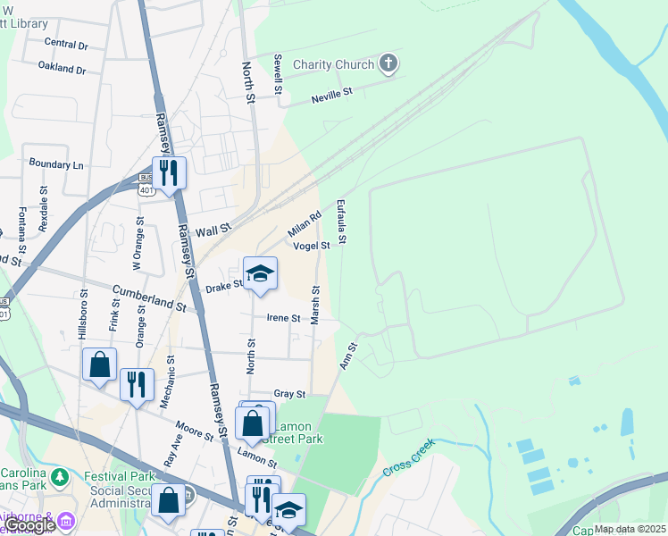 map of restaurants, bars, coffee shops, grocery stores, and more near 753 Eufaula Street in Fayetteville