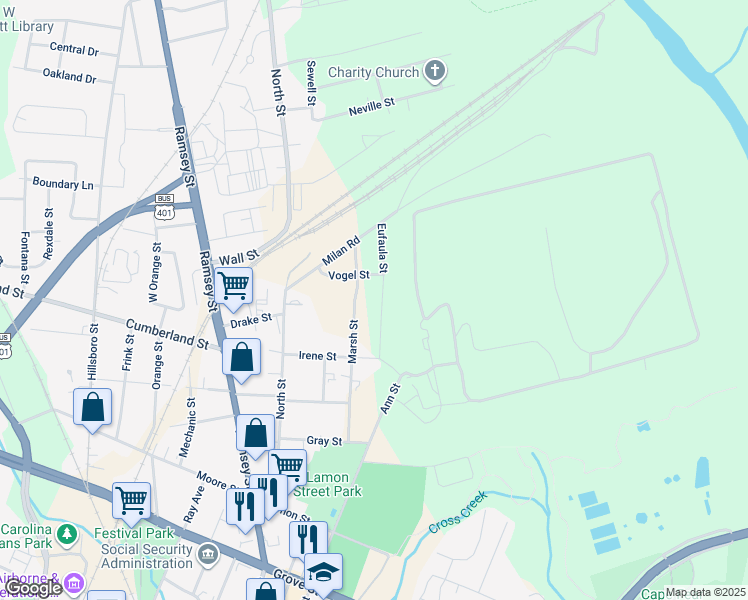 map of restaurants, bars, coffee shops, grocery stores, and more near 753 Eufaula Street in Fayetteville