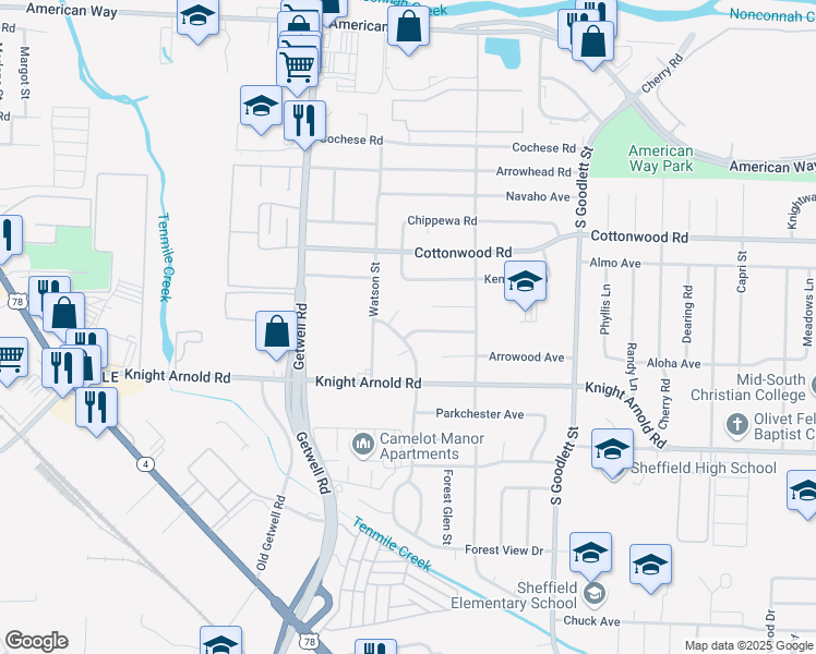 map of restaurants, bars, coffee shops, grocery stores, and more near 4066 Berrywood Avenue in Memphis