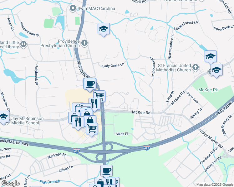 map of restaurants, bars, coffee shops, grocery stores, and more near 4800 Alexander Valley Drive in Charlotte
