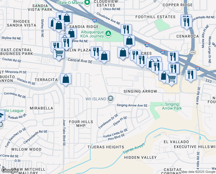 map of restaurants, bars, coffee shops, grocery stores, and more near 300 Western Skies Drive Southeast in Albuquerque