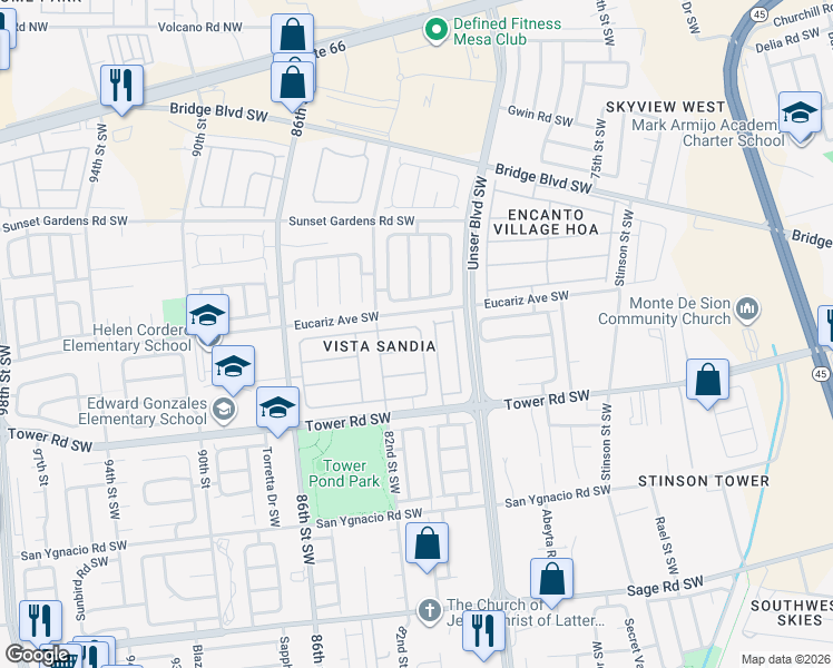 map of restaurants, bars, coffee shops, grocery stores, and more near 7915 Crestside Lane Southwest in Albuquerque