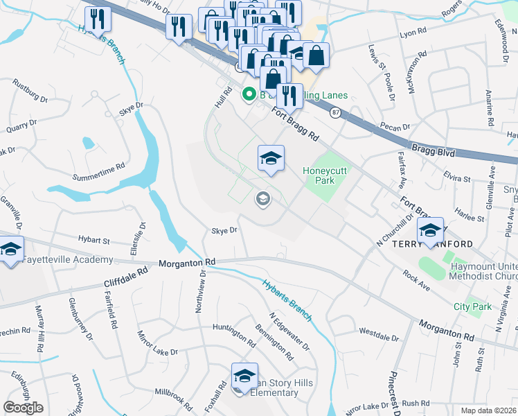 map of restaurants, bars, coffee shops, grocery stores, and more near 2201 Hull Road in Fayetteville