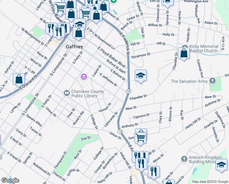 map of restaurants, bars, coffee shops, grocery stores, and more near 600 East Jefferies Street in Gaffney