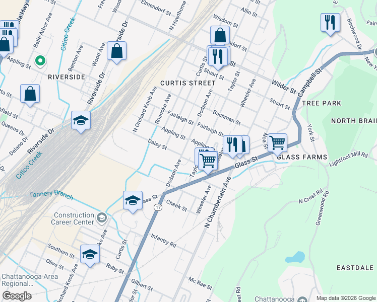 map of restaurants, bars, coffee shops, grocery stores, and more near 2510 Dodson Avenue in Chattanooga
