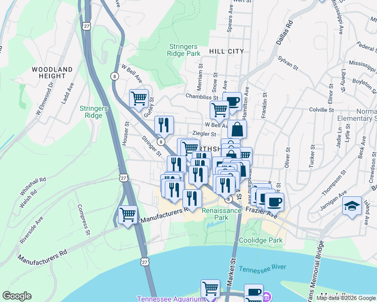 map of restaurants, bars, coffee shops, grocery stores, and more near 411 May Street in Chattanooga