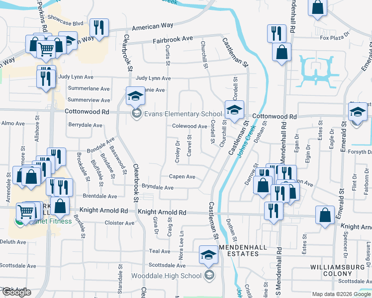 map of restaurants, bars, coffee shops, grocery stores, and more near 2996 Carvel Street in Memphis