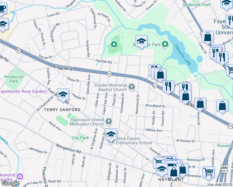 map of restaurants, bars, coffee shops, grocery stores, and more near 534 Pearl Street in Fayetteville
