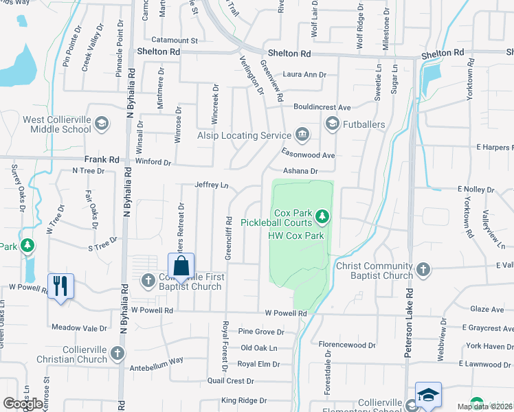 map of restaurants, bars, coffee shops, grocery stores, and more near 1009 Greenview Road in Collierville