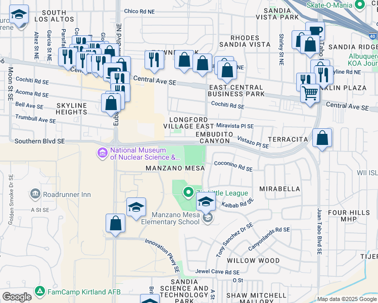 map of restaurants, bars, coffee shops, grocery stores, and more near 501 Elizabeth Street Southeast in Albuquerque