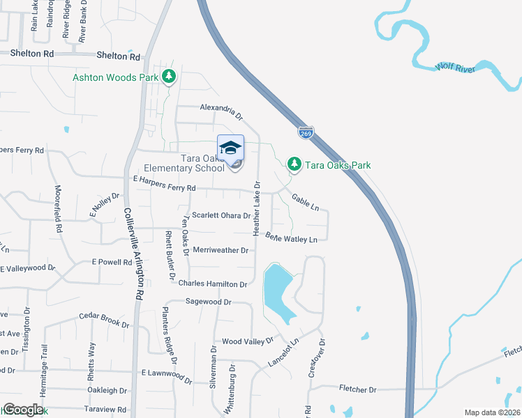map of restaurants, bars, coffee shops, grocery stores, and more near 997 Tara Woods Drive in Collierville