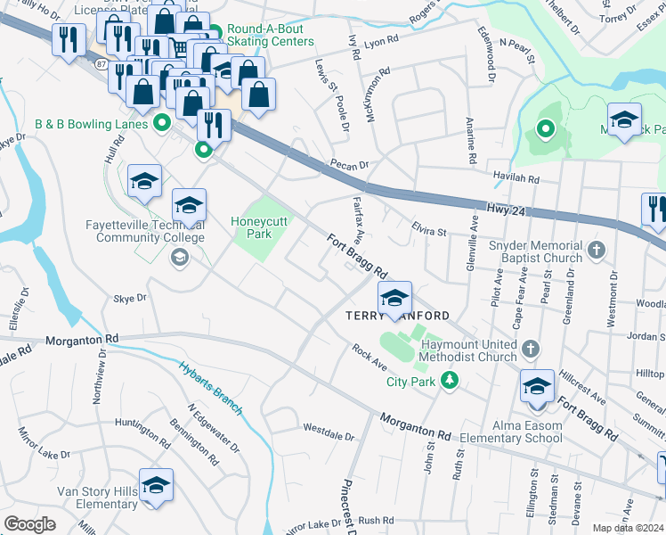 map of restaurants, bars, coffee shops, grocery stores, and more near 2513 McNeill Circle in Fayetteville