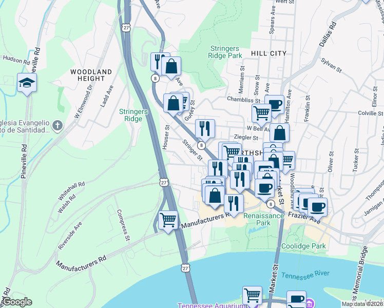 map of restaurants, bars, coffee shops, grocery stores, and more near 316 Stringer Street in Chattanooga