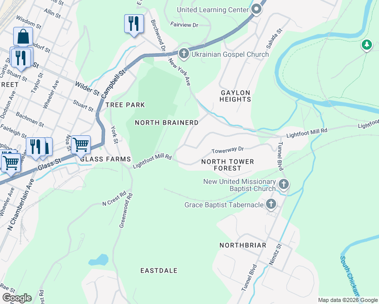 map of restaurants, bars, coffee shops, grocery stores, and more near 3028 Lightfoot Mill Road in Chattanooga