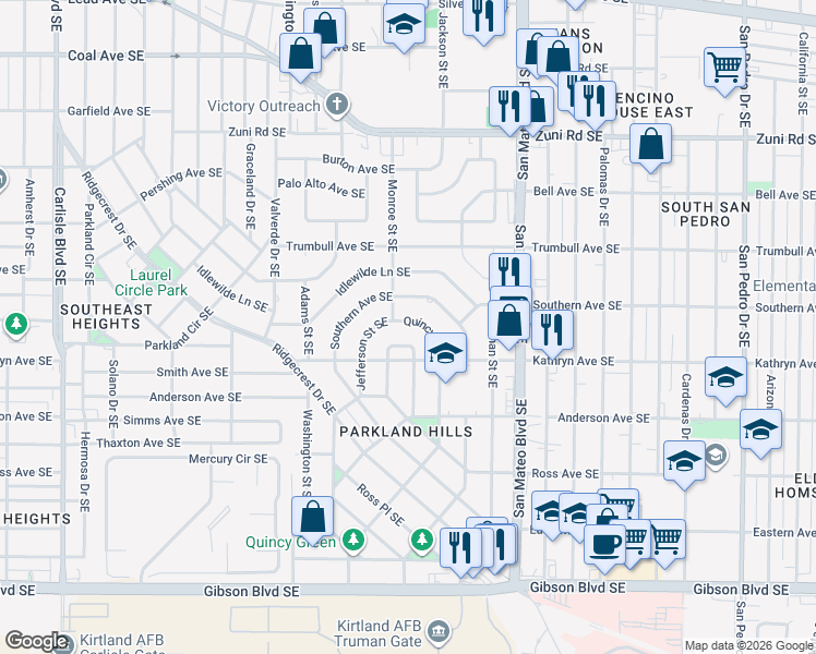 map of restaurants, bars, coffee shops, grocery stores, and more near 1013 Quincy Street Southeast in Albuquerque