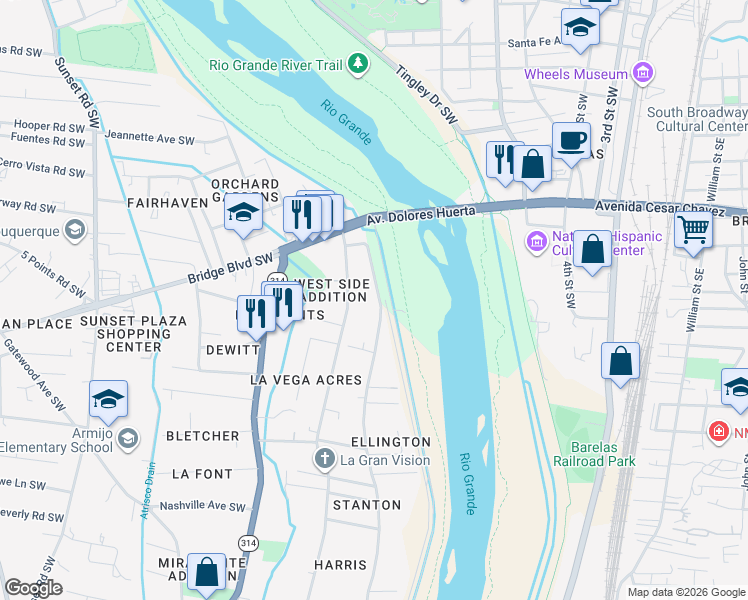 map of restaurants, bars, coffee shops, grocery stores, and more near 183 Riverside Drive Southwest in Albuquerque