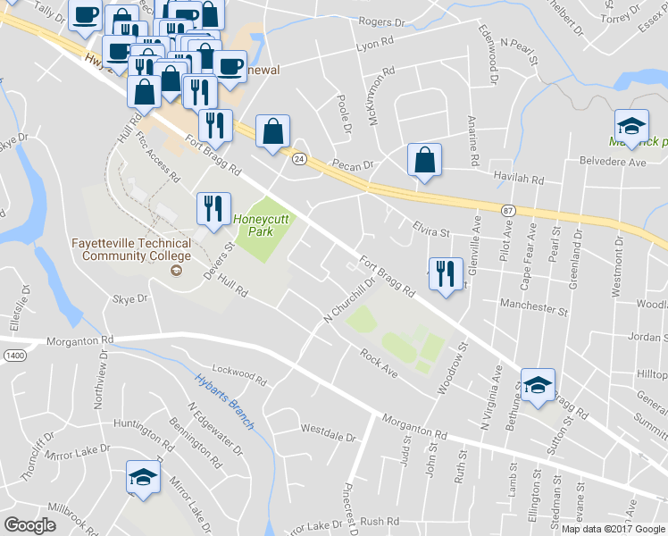 map of restaurants, bars, coffee shops, grocery stores, and more near 2513 McNeill Circle in Fayetteville