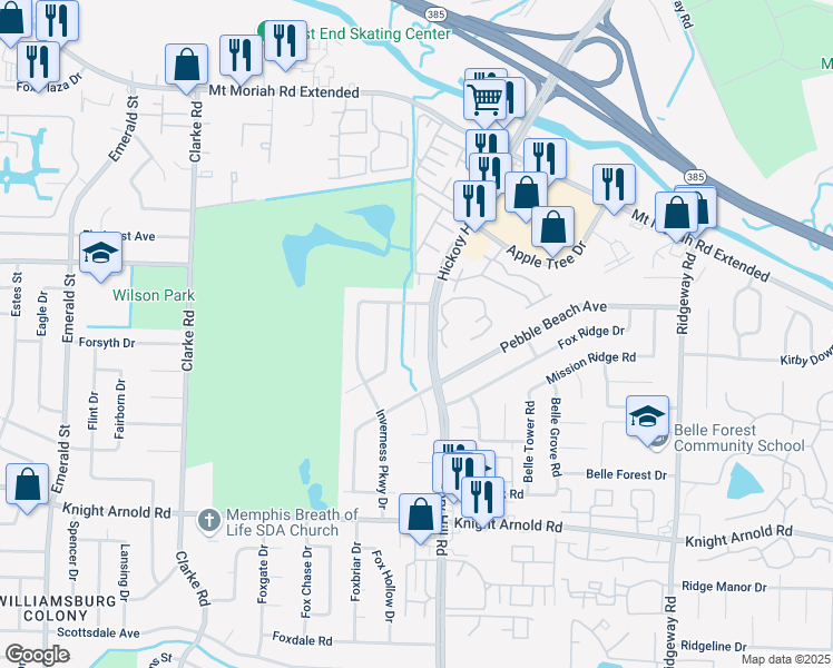 map of restaurants, bars, coffee shops, grocery stores, and more near 2988 Oakland Hills Cove in Memphis