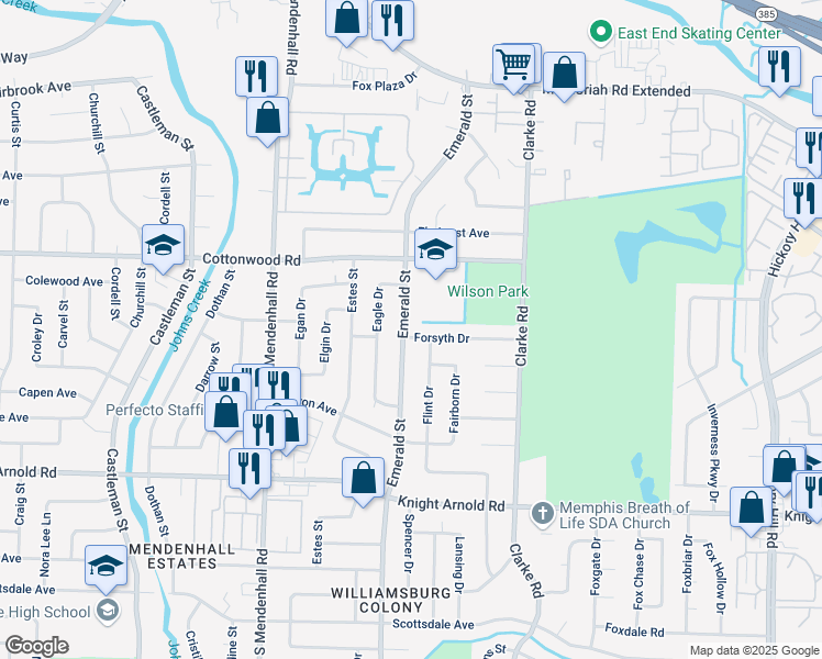 map of restaurants, bars, coffee shops, grocery stores, and more near 5500 Forsyth Drive in Memphis