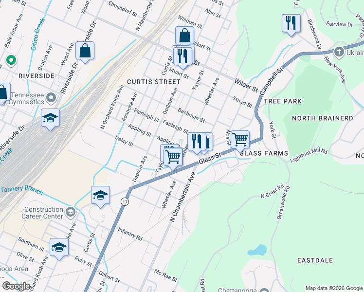 map of restaurants, bars, coffee shops, grocery stores, and more near 2305 Appling Street in Chattanooga