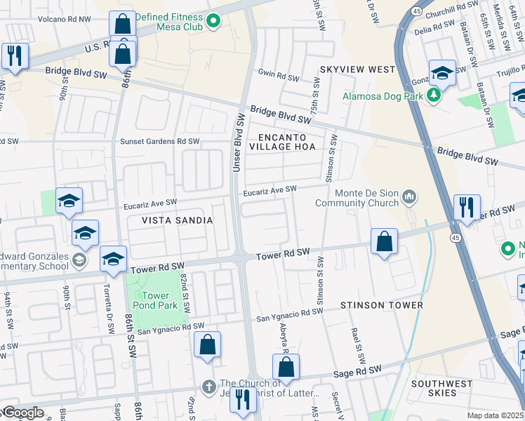 map of restaurants, bars, coffee shops, grocery stores, and more near 7724 Crepe Myrtle Road Southwest in Albuquerque