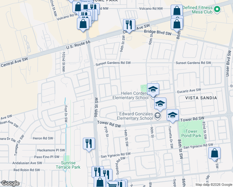 map of restaurants, bars, coffee shops, grocery stores, and more near 476 Treasure Stone Drive Southwest in Albuquerque