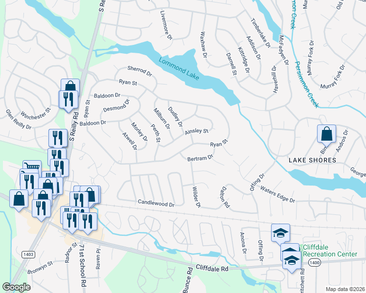 map of restaurants, bars, coffee shops, grocery stores, and more near 7222 Ainsley Street in Fayetteville