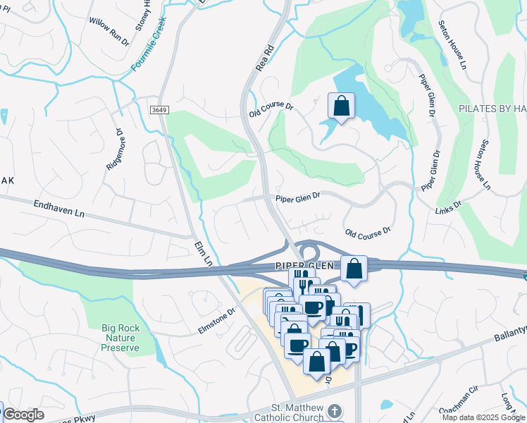 map of restaurants, bars, coffee shops, grocery stores, and more near 7313 Versailles Lane in Charlotte