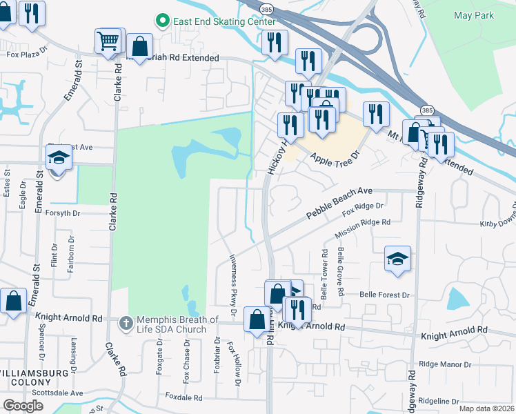 map of restaurants, bars, coffee shops, grocery stores, and more near 2988 Oakland Hills Cove in Memphis