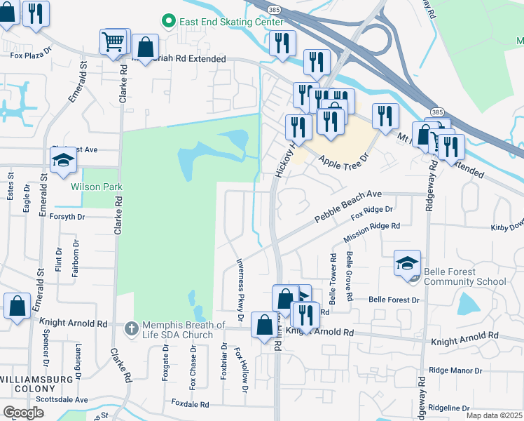 map of restaurants, bars, coffee shops, grocery stores, and more near 2988 Oakland Hills Cove in Memphis