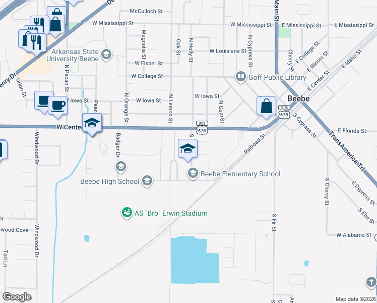 map of restaurants, bars, coffee shops, grocery stores, and more near 117 South Holly Street in Beebe