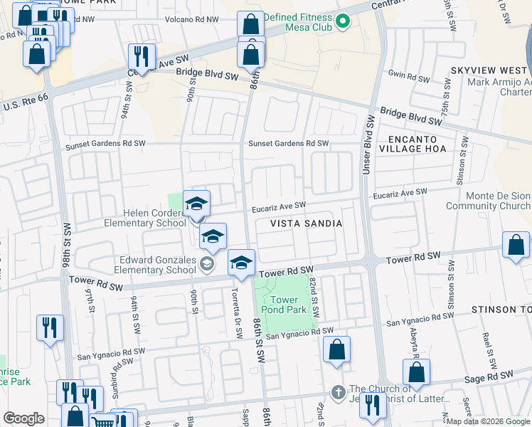 map of restaurants, bars, coffee shops, grocery stores, and more near 531 Fenwick Place Southwest in Albuquerque