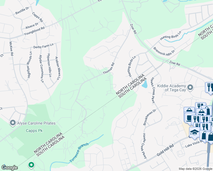 map of restaurants, bars, coffee shops, grocery stores, and more near 15114 Regena Lane in Charlotte