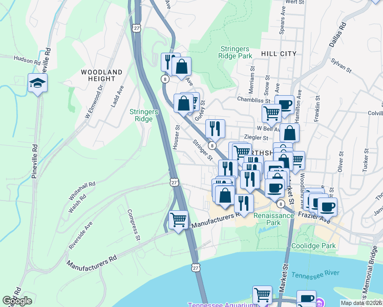 map of restaurants, bars, coffee shops, grocery stores, and more near 326 Stringer Street in Chattanooga